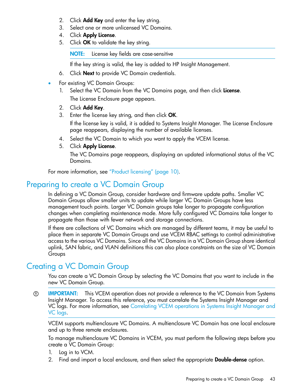 Preparing to create a vc domain group, Creating a vc domain group, Creating a vc domain | HP Insight Management-Software User Manual | Page 43 / 194