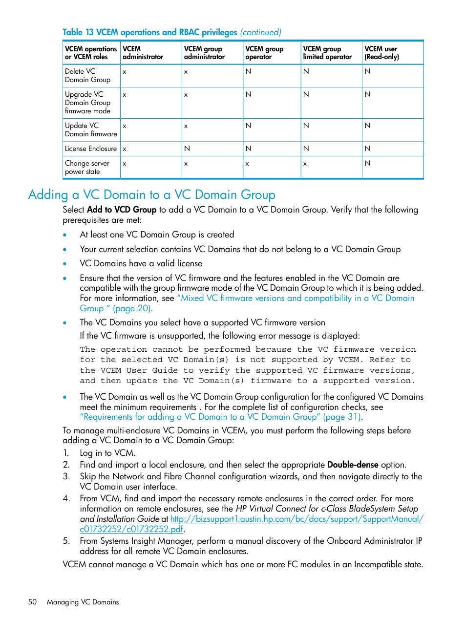 Adding a vc domain to a vc domain group | HP Insight Management-Software User Manual | Page 50 / 194