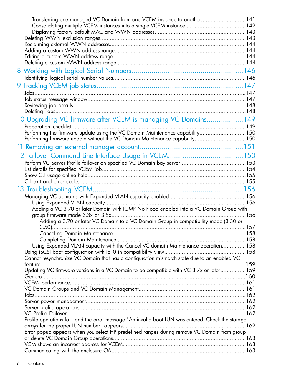 8 working with logical serial numbers, 9 tracking vcem job status, 13 troubleshooting vcem | HP Insight Management-Software User Manual | Page 6 / 194