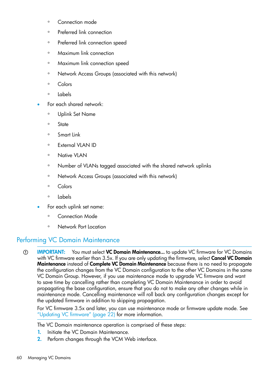 Performing vc domain maintenance | HP Insight Management-Software User Manual | Page 60 / 194