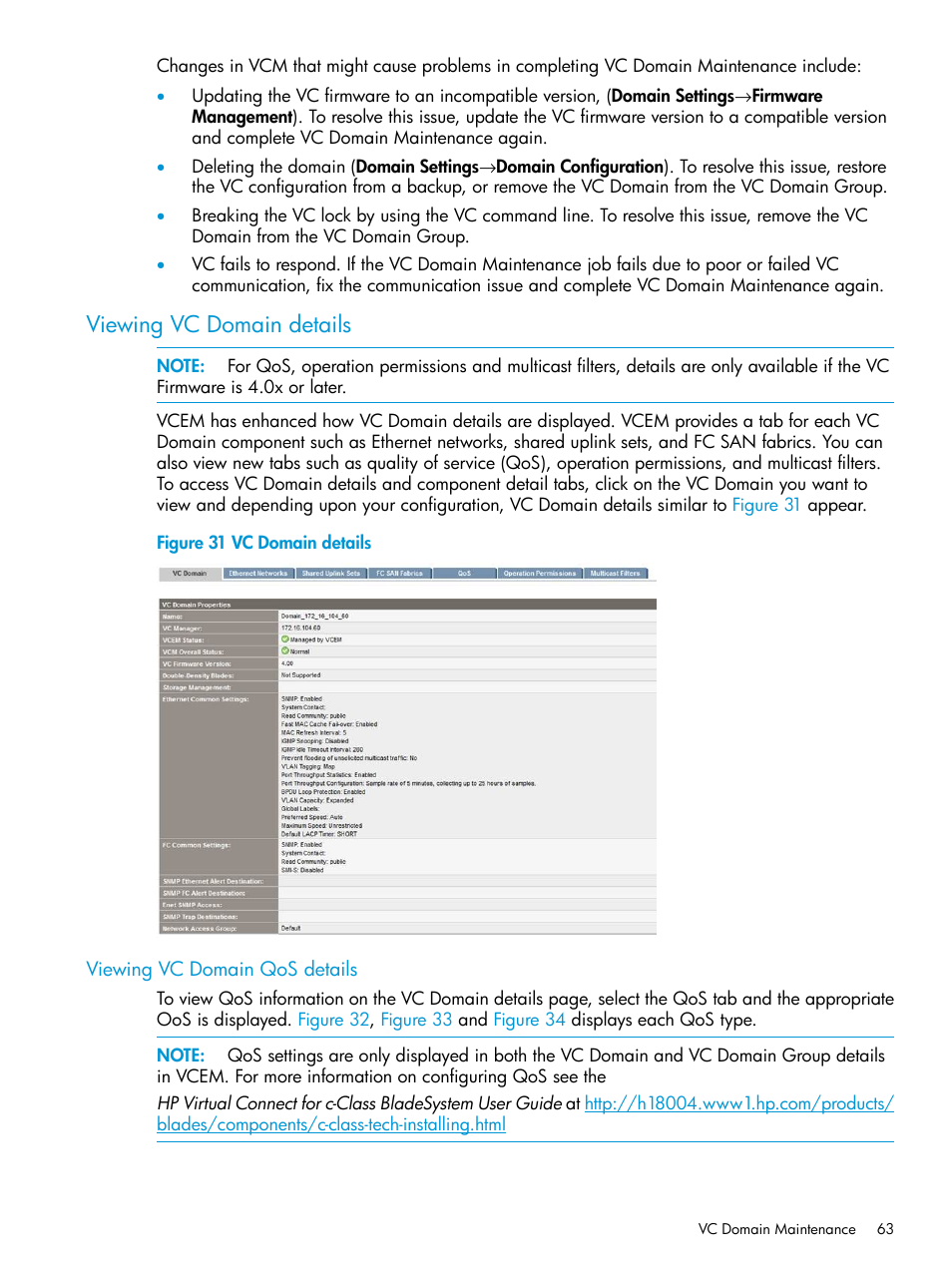 Viewing vc domain details, Viewing vc domain qos details | HP Insight Management-Software User Manual | Page 63 / 194