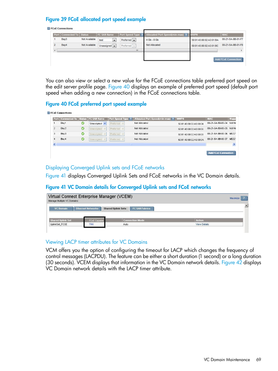 Displaying converged uplink sets and fcoe networks, Viewing lacp timer attributes for vc domains | HP Insight Management-Software User Manual | Page 69 / 194