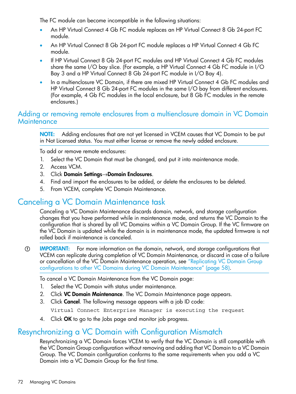 Canceling a vc domain maintenance task | HP Insight Management-Software User Manual | Page 72 / 194