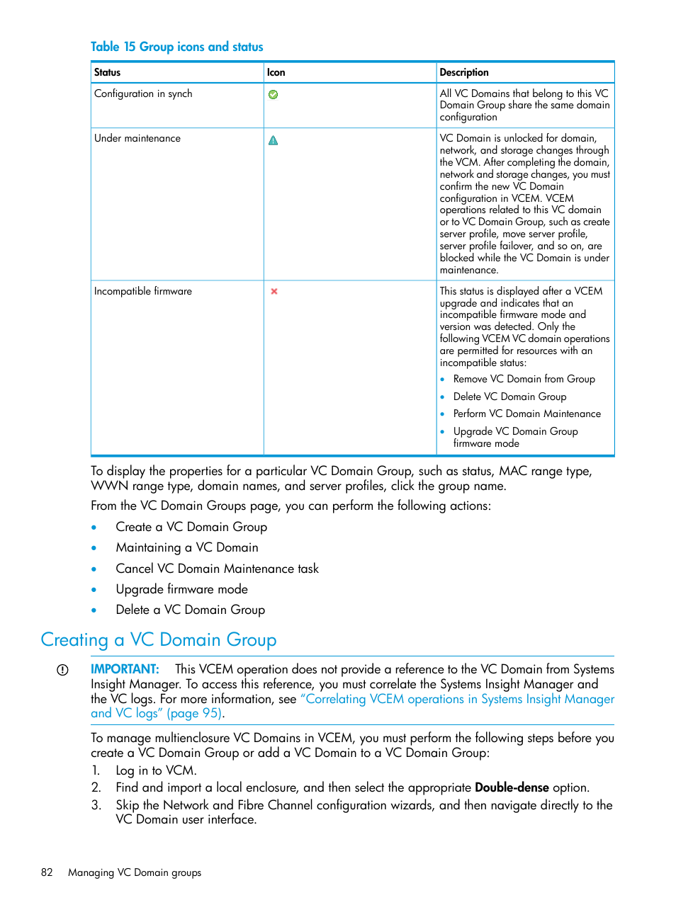 Creating a vc domain group | HP Insight Management-Software User Manual | Page 82 / 194