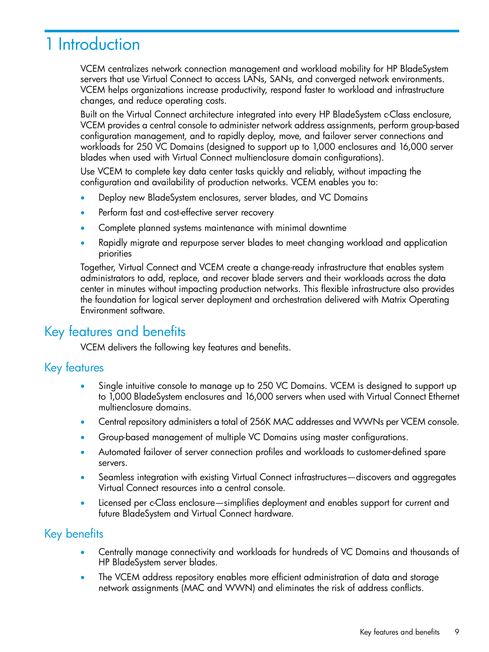 1 introduction, Key features and benefits, Key features | Key benefits, Key features key benefits | HP Insight Management-Software User Manual | Page 9 / 194