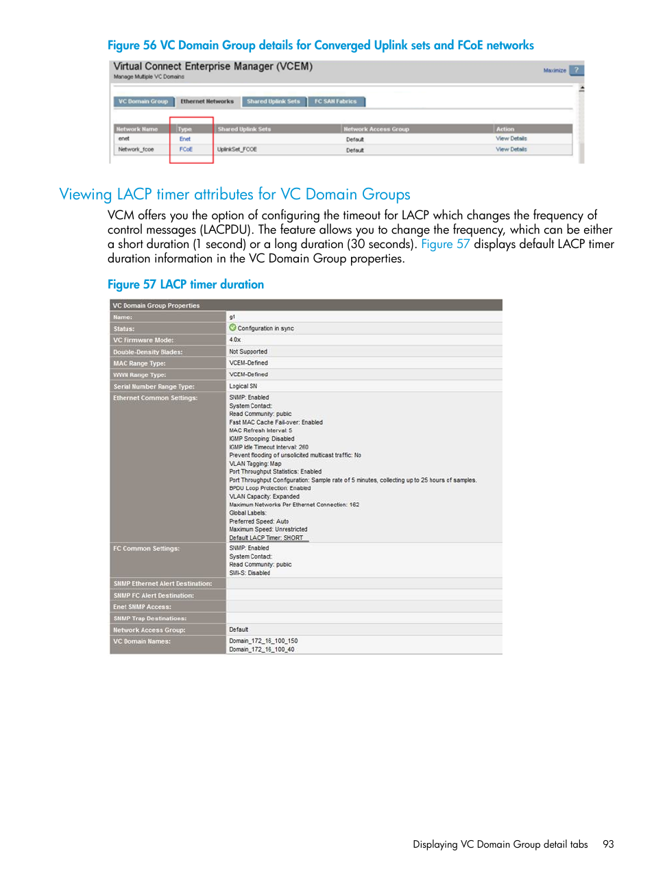 Viewing lacp timer attributes for vc domain groups | HP Insight Management-Software User Manual | Page 93 / 194