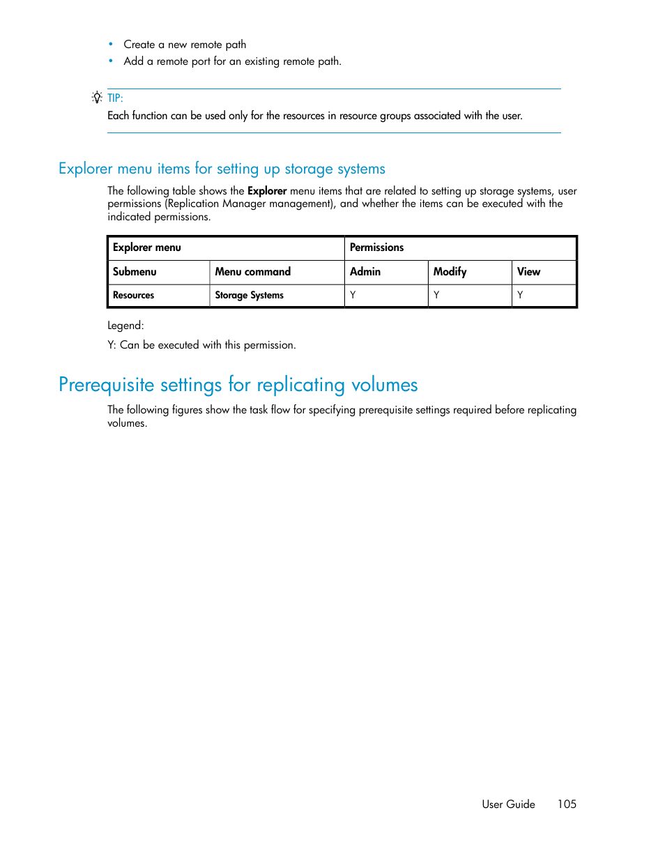 Explorer menu items for setting up storage systems, Prerequisite settings for replicating volumes | HP XP P9000 Command View Advanced Edition Software User Manual | Page 105 / 492