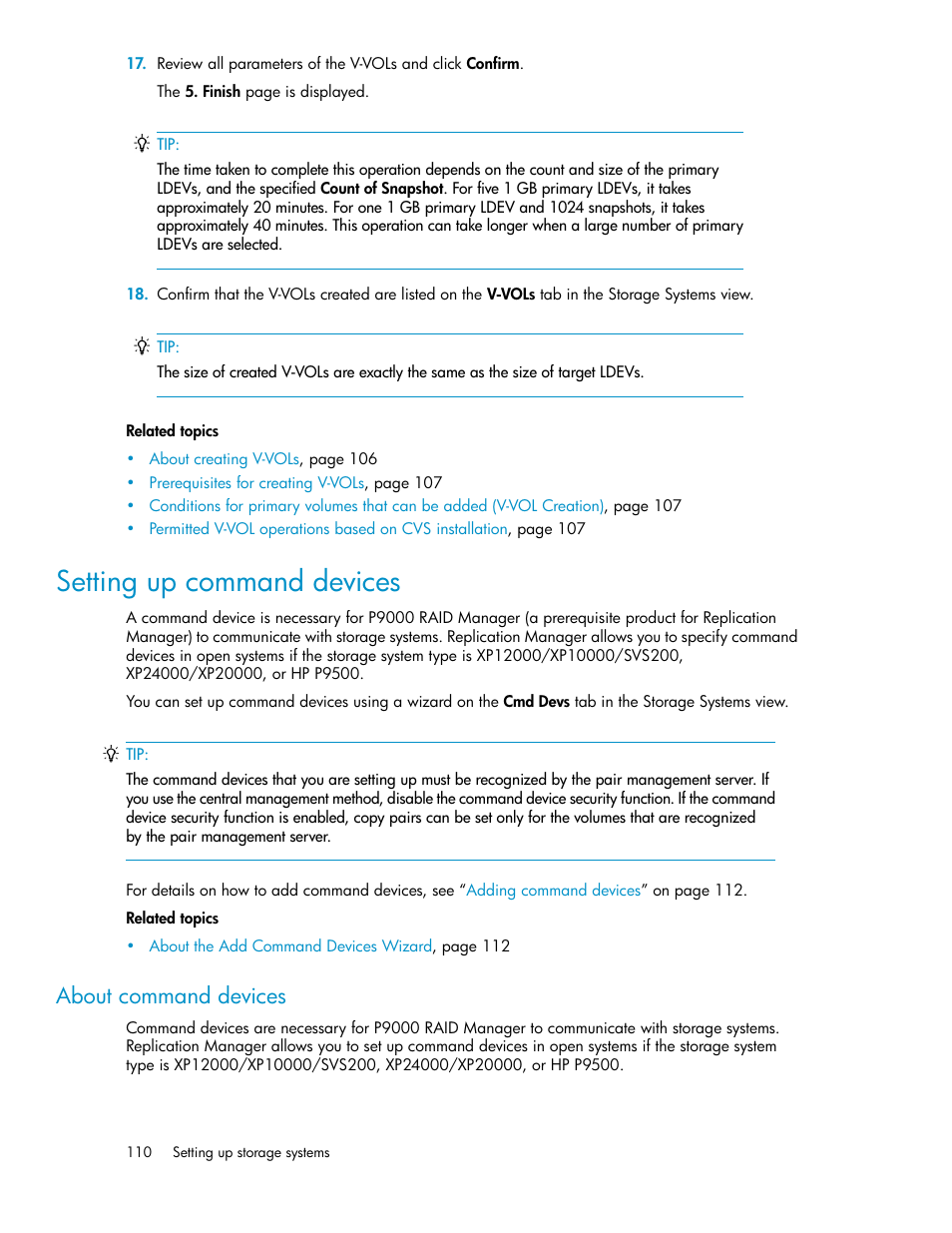 Setting up command devices, About command devices | HP XP P9000 Command View Advanced Edition Software User Manual | Page 110 / 492