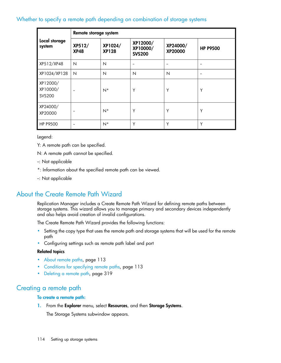 About the create remote path wizard, Creating a remote path, 114 creating a remote path | HP XP P9000 Command View Advanced Edition Software User Manual | Page 114 / 492