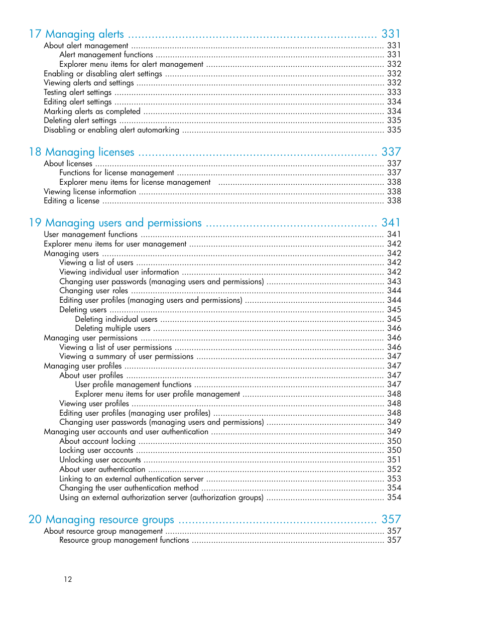 17 managing alerts, 18 managing licenses, 19 managing users and permissions | 20 managing resource groups | HP XP P9000 Command View Advanced Edition Software User Manual | Page 12 / 492