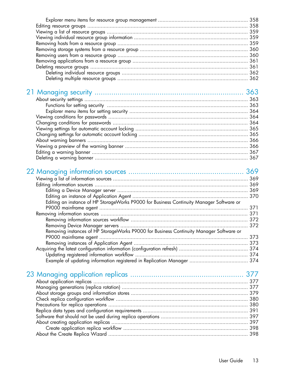 21 managing security, 22 managing information sources, 23 managing application replicas | HP XP P9000 Command View Advanced Edition Software User Manual | Page 13 / 492