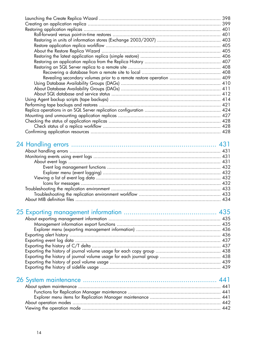 24 handling errors, 25 exporting management information, 26 system maintenance | HP XP P9000 Command View Advanced Edition Software User Manual | Page 14 / 492