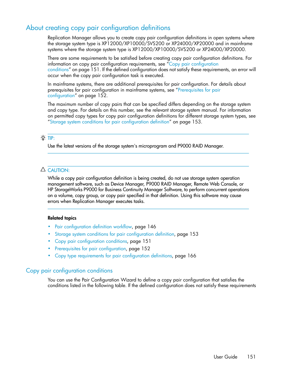 About creating copy pair configuration definitions, Copy pair configuration conditions | HP XP P9000 Command View Advanced Edition Software User Manual | Page 151 / 492