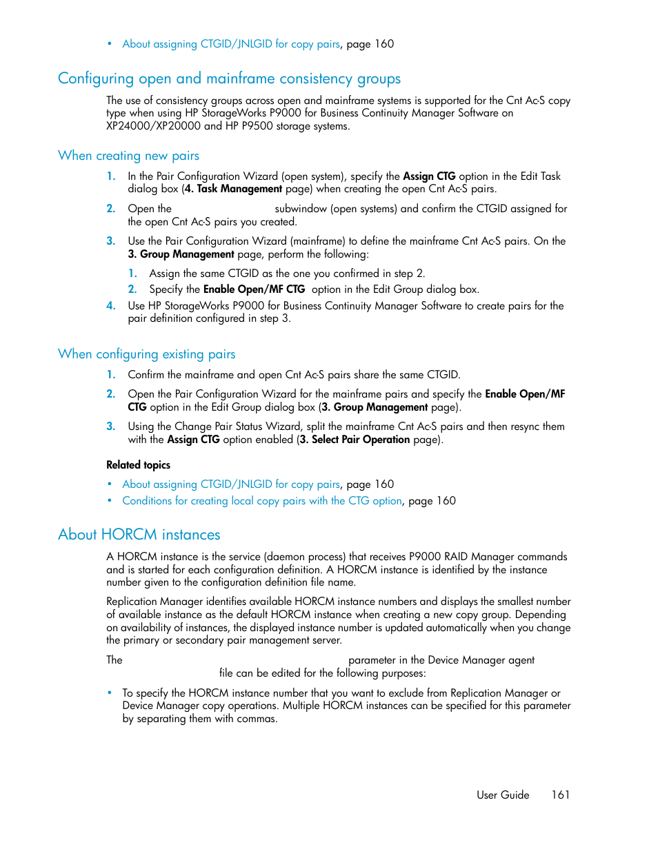 Configuring open and mainframe consistency groups, About horcm instances, 161 about horcm instances | HP XP P9000 Command View Advanced Edition Software User Manual | Page 161 / 492