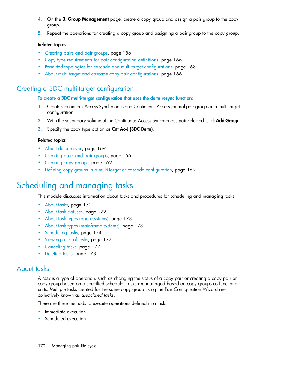 Creating a 3dc multi-target configuration, Scheduling and managing tasks, About tasks | HP XP P9000 Command View Advanced Edition Software User Manual | Page 170 / 492