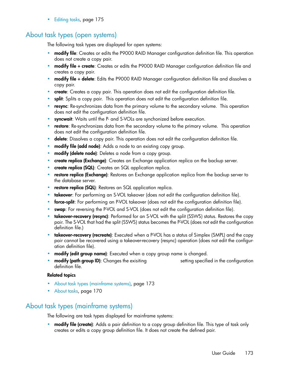 About task types (open systems), About task types (mainframe systems), 173 about task types (mainframe systems) | HP XP P9000 Command View Advanced Edition Software User Manual | Page 173 / 492