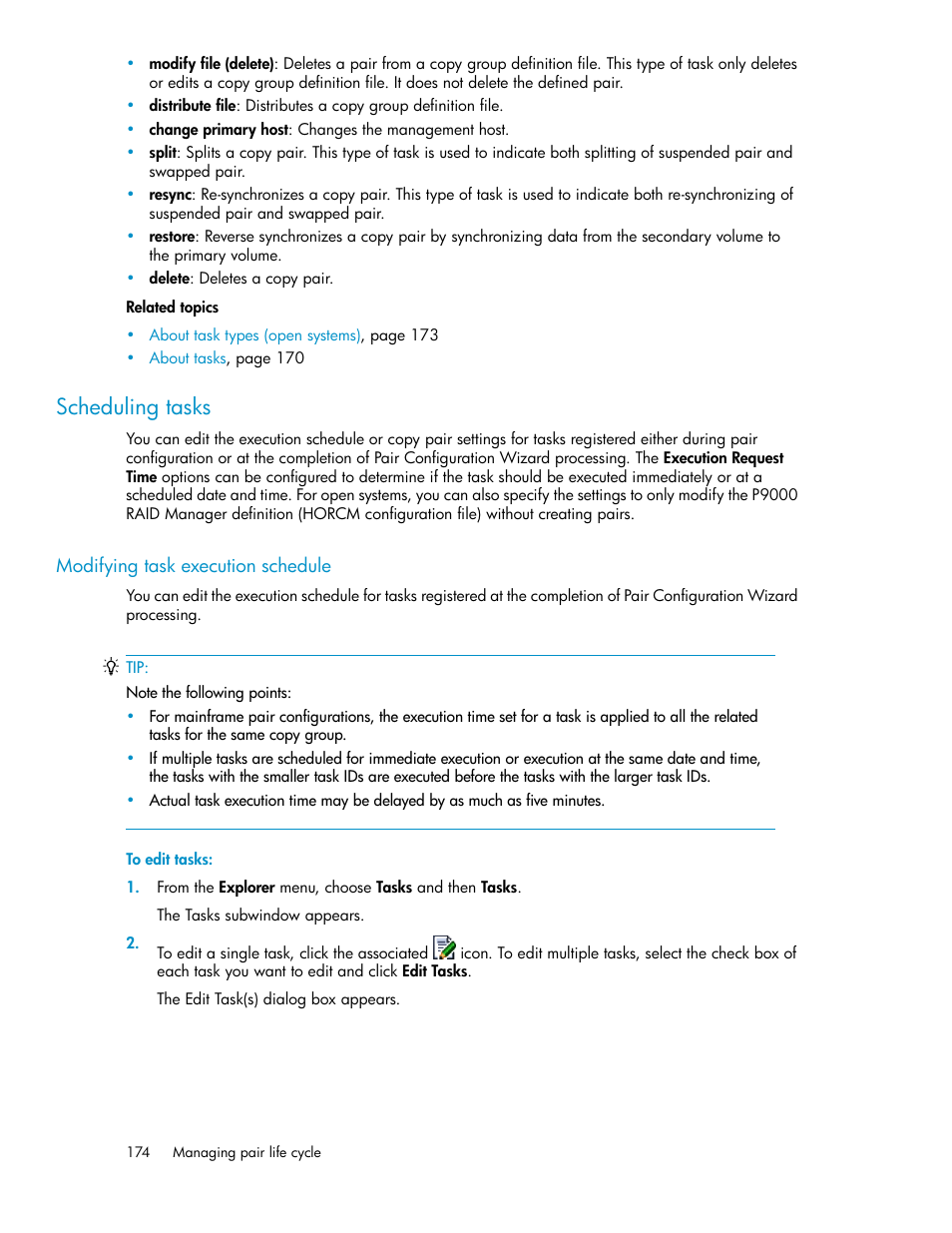 Scheduling tasks, Modifying task execution schedule | HP XP P9000 Command View Advanced Edition Software User Manual | Page 174 / 492