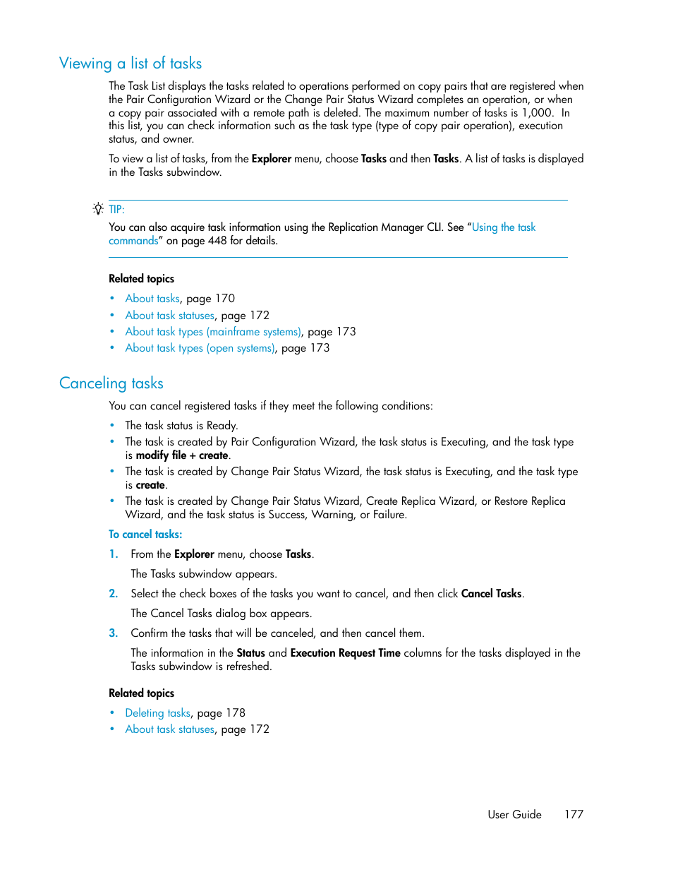Viewing a list of tasks, Canceling tasks, 177 canceling tasks | HP XP P9000 Command View Advanced Edition Software User Manual | Page 177 / 492