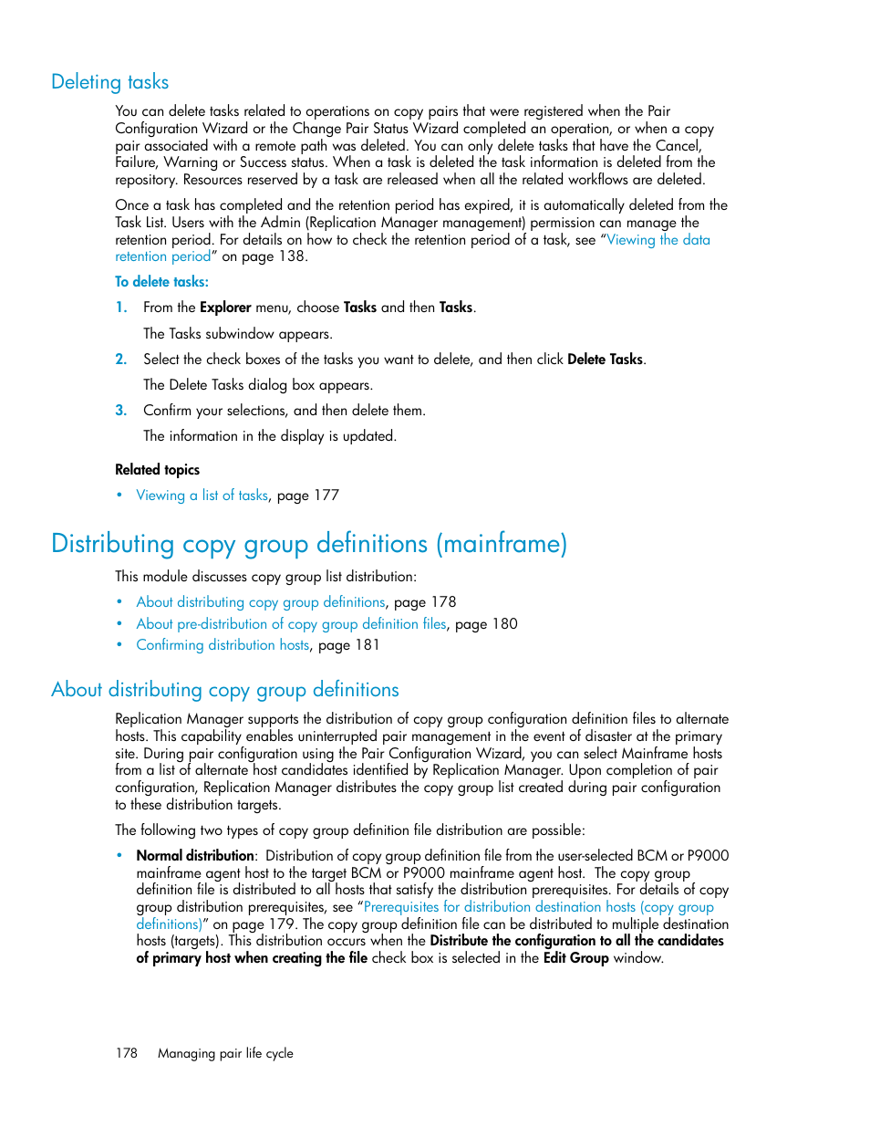 Deleting tasks, Distributing copy group definitions (mainframe), About distributing copy group definitions | HP XP P9000 Command View Advanced Edition Software User Manual | Page 178 / 492