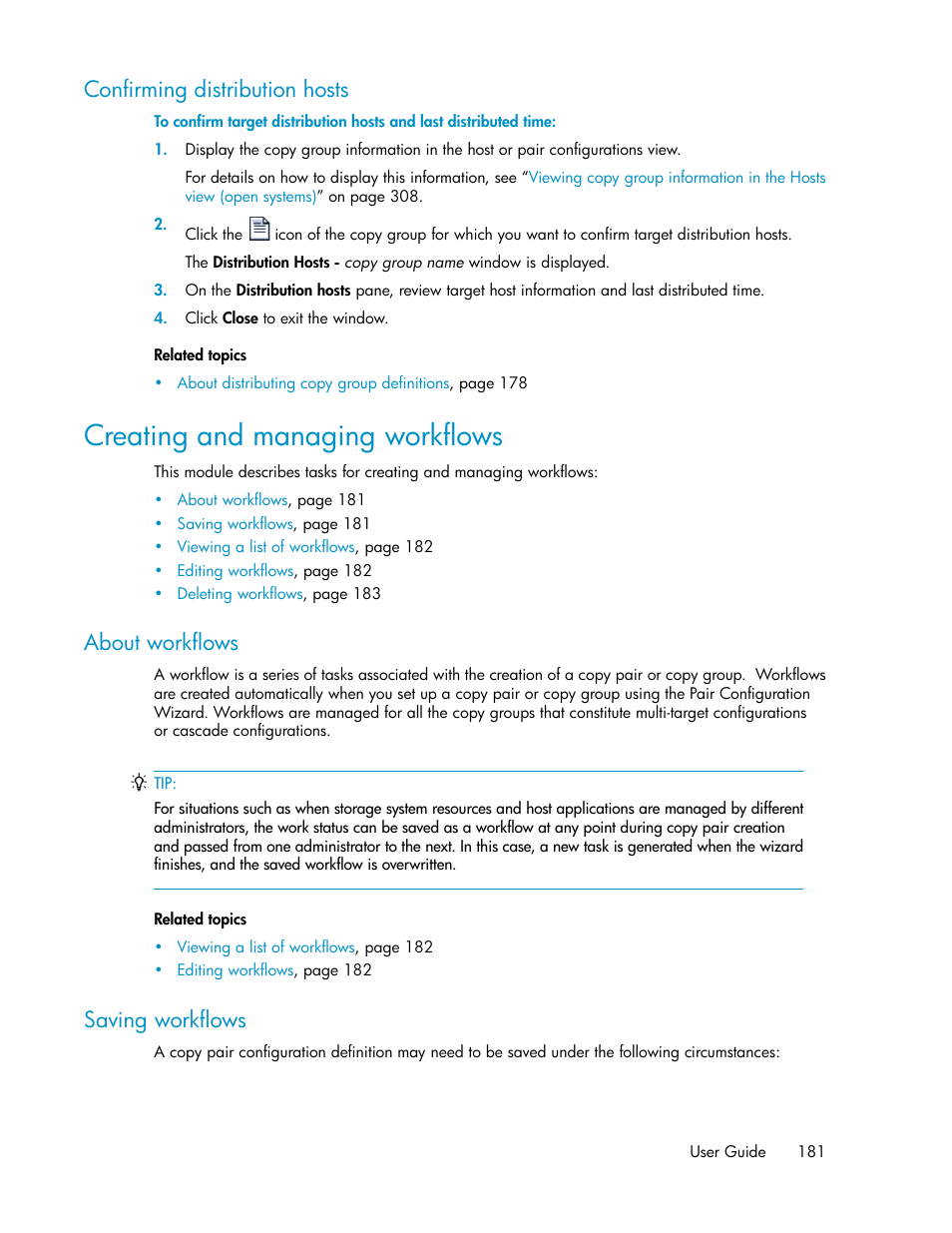 Confirming distribution hosts, Creating and managing workflows, About workflows | Saving workflows, 181 saving workflows | HP XP P9000 Command View Advanced Edition Software User Manual | Page 181 / 492