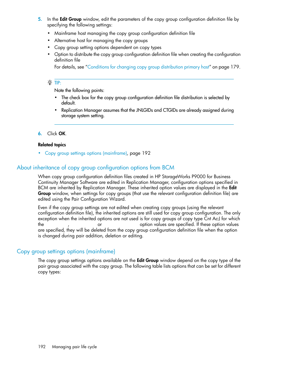 Copy group settings options (mainframe), 192 copy group settings options (mainframe) | HP XP P9000 Command View Advanced Edition Software User Manual | Page 192 / 492