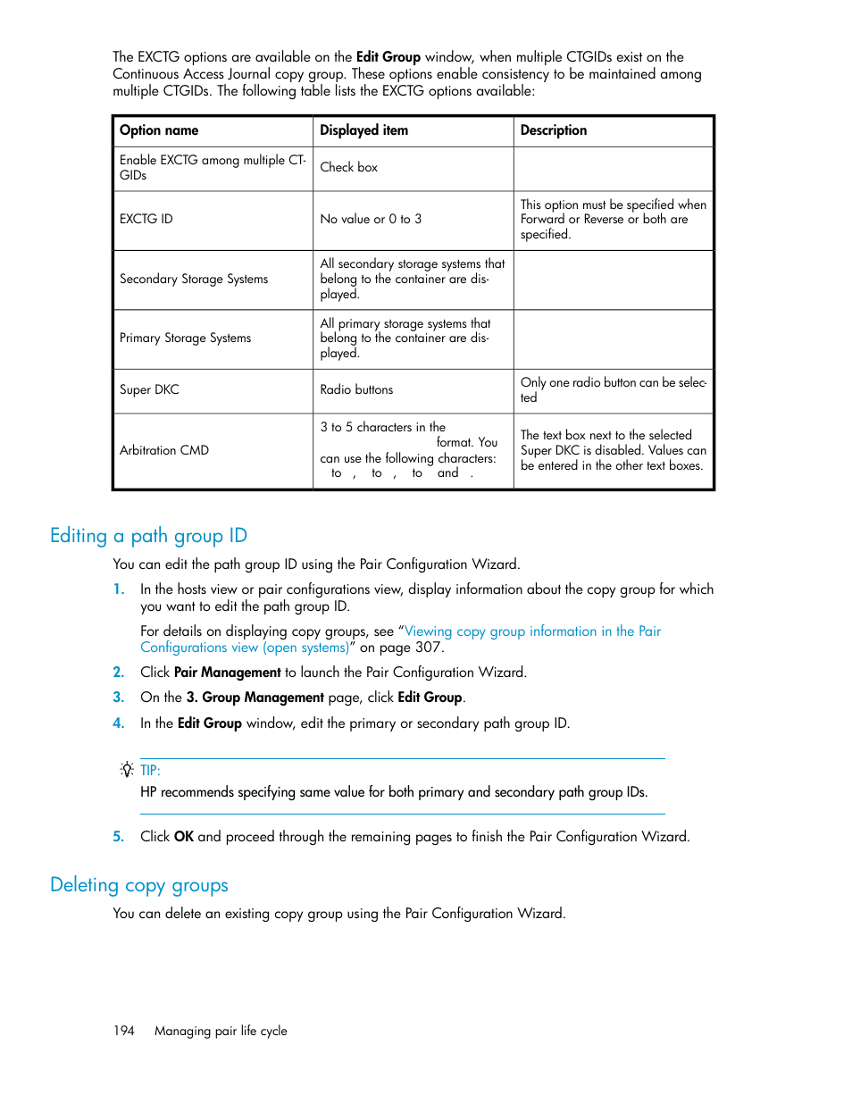 Editing a path group id, Deleting copy groups, 194 deleting copy groups | HP XP P9000 Command View Advanced Edition Software User Manual | Page 194 / 492