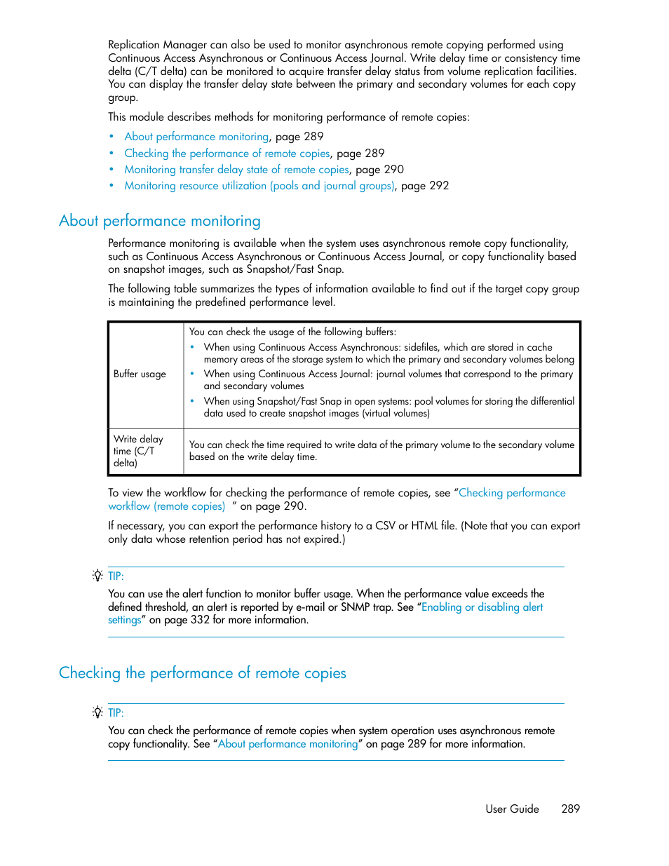 About performance monitoring, Checking the performance of remote copies, 289 checking the performance of remote copies | HP XP P9000 Command View Advanced Edition Software User Manual | Page 289 / 492