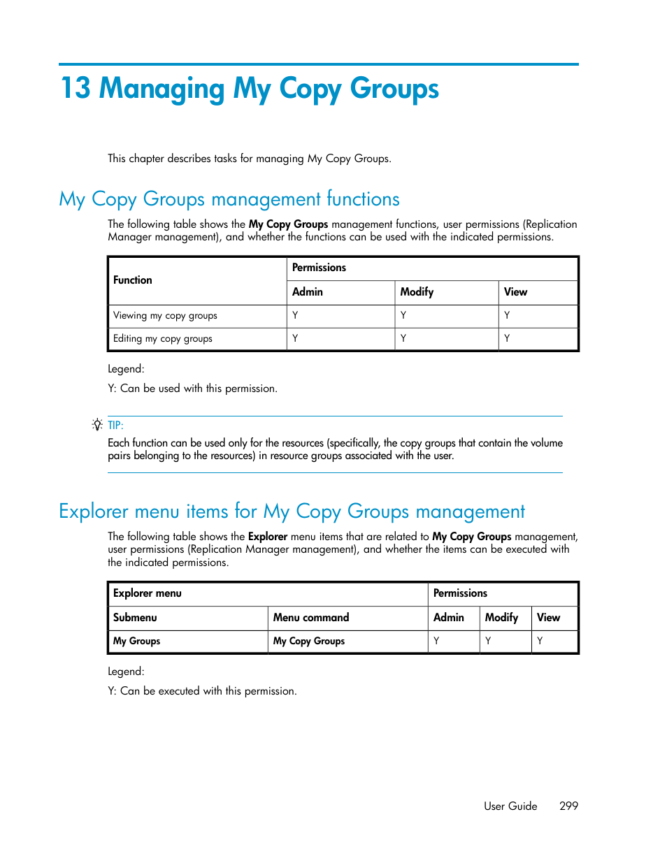 13 managing my copy groups, My copy groups management functions, Explorer menu items for my copy groups management | HP XP P9000 Command View Advanced Edition Software User Manual | Page 299 / 492