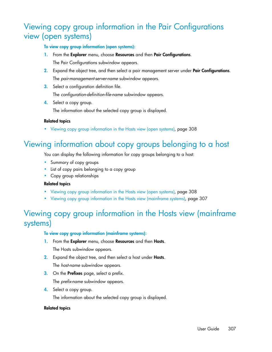 Viewing copy group information in the pair, Configurations view (open systems), Host | HP XP P9000 Command View Advanced Edition Software User Manual | Page 307 / 492