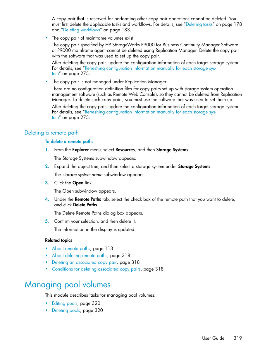 Deleting a remote path, Managing pool volumes | HP XP P9000 Command View Advanced Edition Software User Manual | Page 319 / 492