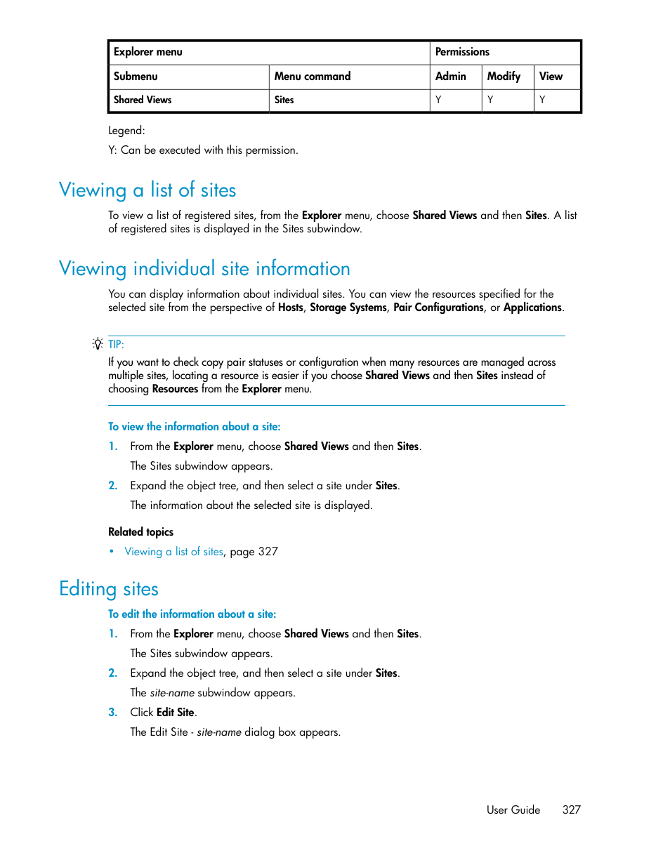 Viewing a list of sites, Viewing individual site information, Editing sites | 327 viewing individual site information, 327 editing sites | HP XP P9000 Command View Advanced Edition Software User Manual | Page 327 / 492