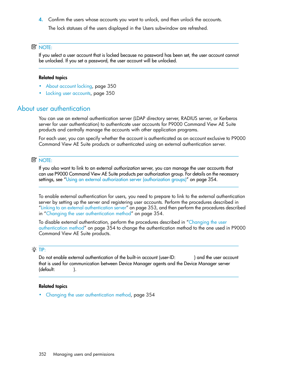 About user authentication | HP XP P9000 Command View Advanced Edition Software User Manual | Page 352 / 492