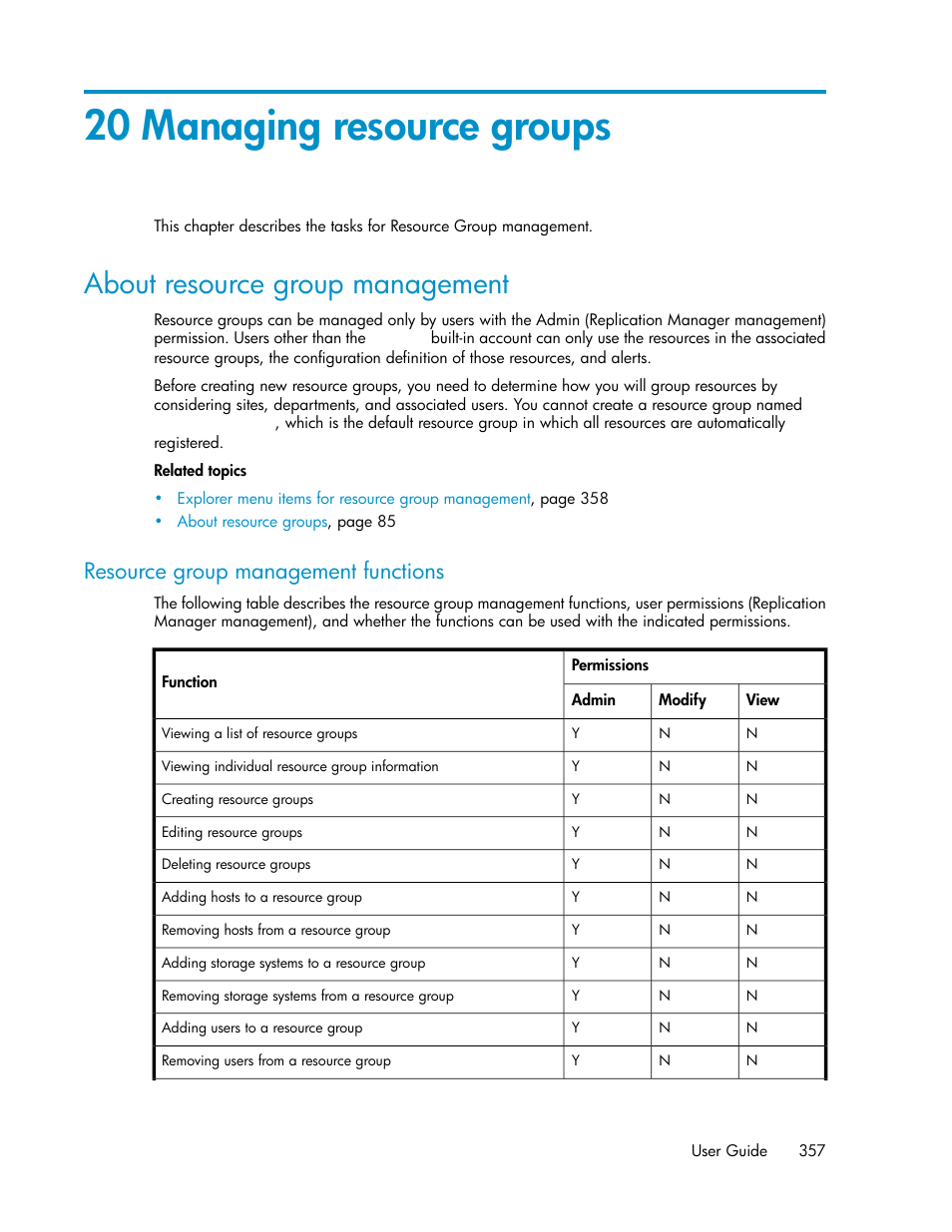 20 managing resource groups, About resource group management, Resource group management functions | HP XP P9000 Command View Advanced Edition Software User Manual | Page 357 / 492