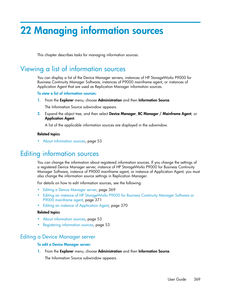 22 managing information sources, Viewing a list of information sources, Editing information sources | Editing a device manager server, 369 editing information sources | HP XP P9000 Command View Advanced Edition Software User Manual | Page 369 / 492