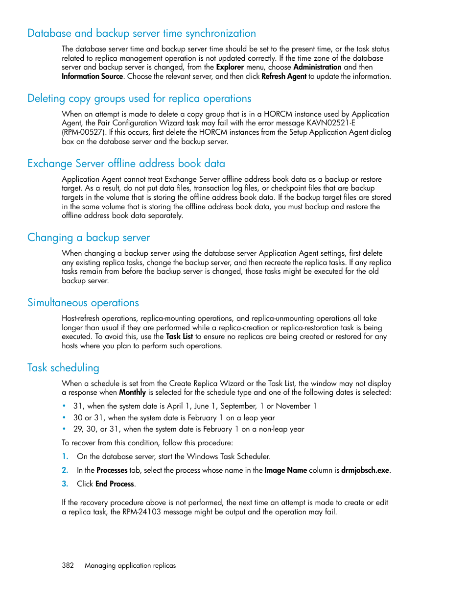 Database and backup server time synchronization, Deleting copy groups used for replica operations, Exchange server offline address book data | Changing a backup server, Simultaneous operations, Task scheduling | HP XP P9000 Command View Advanced Edition Software User Manual | Page 382 / 492
