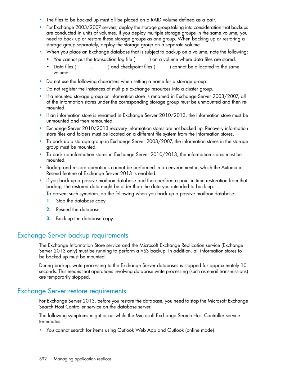 Exchange server backup requirements, Exchange server restore requirements | HP XP P9000 Command View Advanced Edition Software User Manual | Page 392 / 492