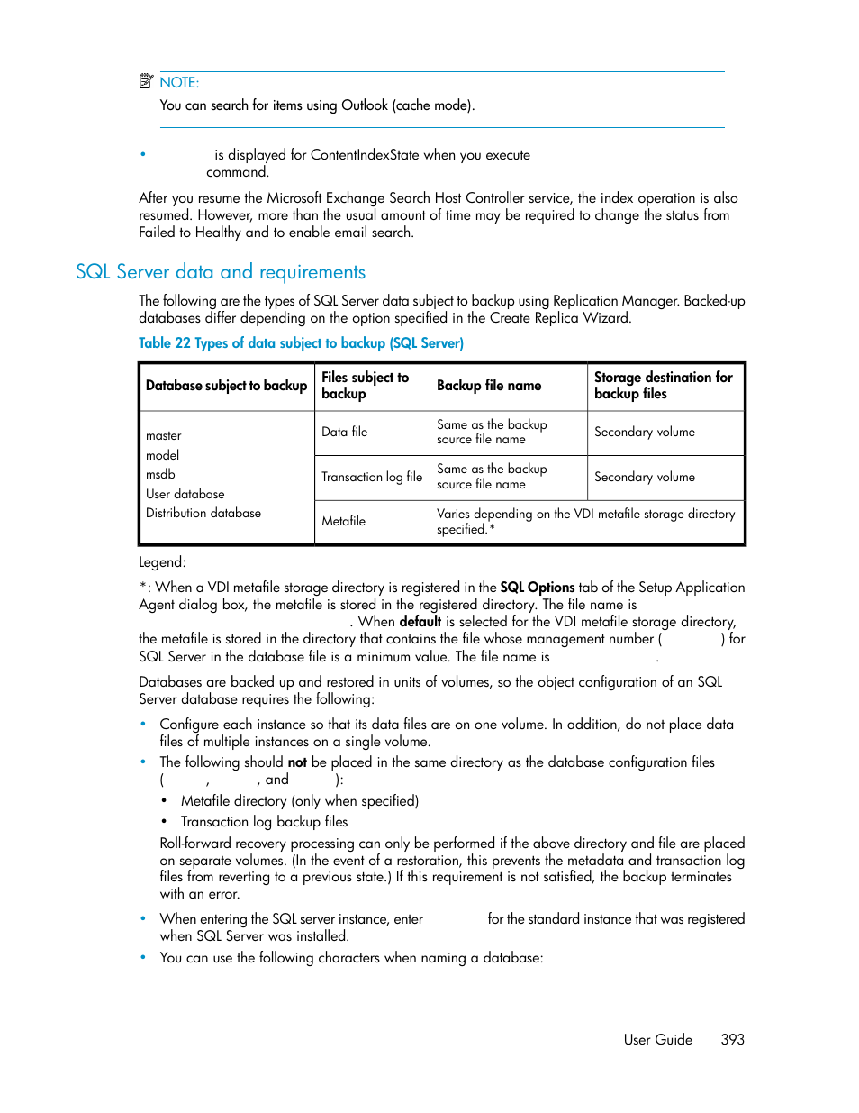Types of data subject to backup (sql server), Sql server data and requirements | HP XP P9000 Command View Advanced Edition Software User Manual | Page 393 / 492