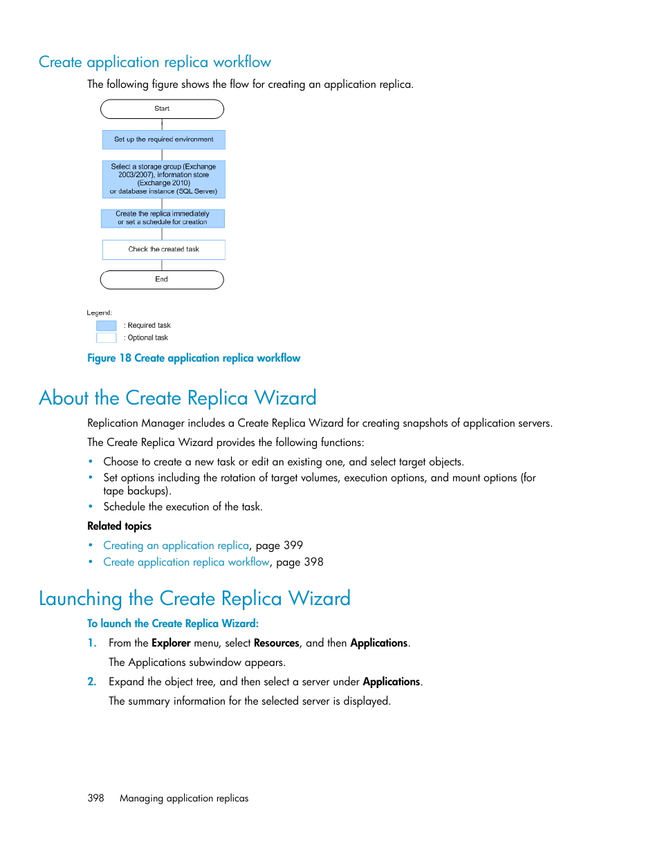 Create application replica workflow, About the create replica wizard, Launching the create replica wizard | HP XP P9000 Command View Advanced Edition Software User Manual | Page 398 / 492