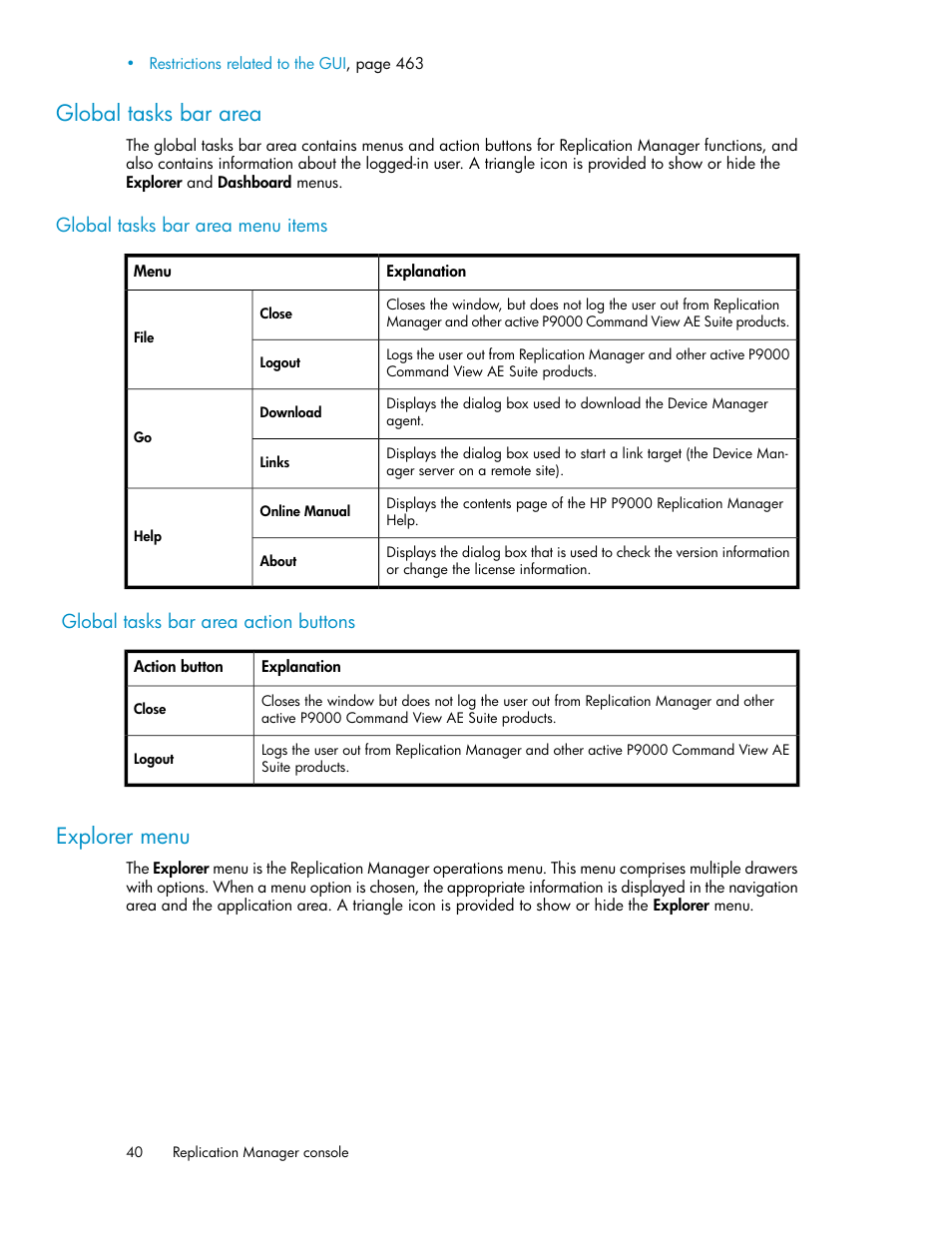 Global tasks bar area, Explorer menu, 40 explorer menu | HP XP P9000 Command View Advanced Edition Software User Manual | Page 40 / 492