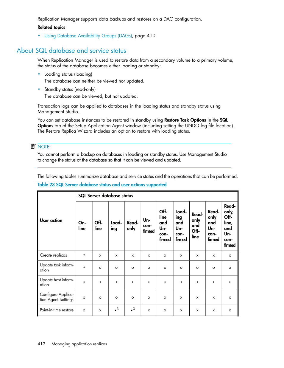 About sql database and service status | HP XP P9000 Command View Advanced Edition Software User Manual | Page 412 / 492