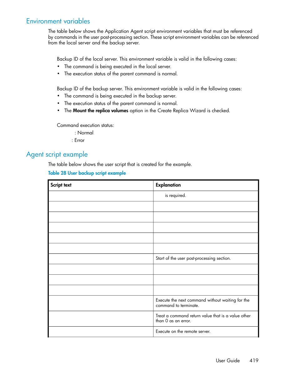 User backup script example, Agent script example, Environment variables | HP XP P9000 Command View Advanced Edition Software User Manual | Page 419 / 492