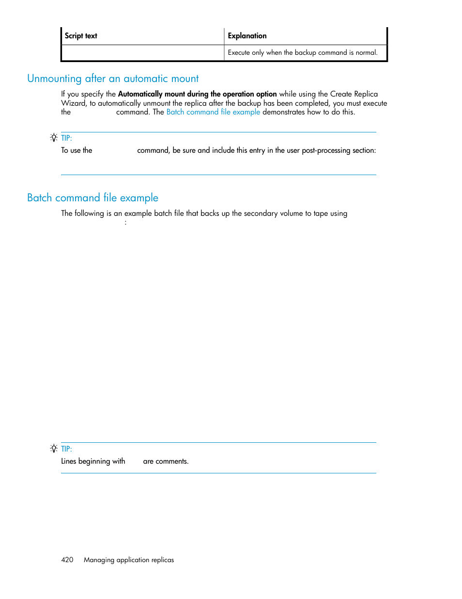 Unmounting after an automatic mount, Batch command file example | HP XP P9000 Command View Advanced Edition Software User Manual | Page 420 / 492