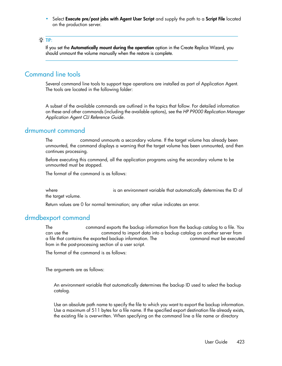 Command line tools, Drmumount command, Drmdbexport command | HP XP P9000 Command View Advanced Edition Software User Manual | Page 423 / 492