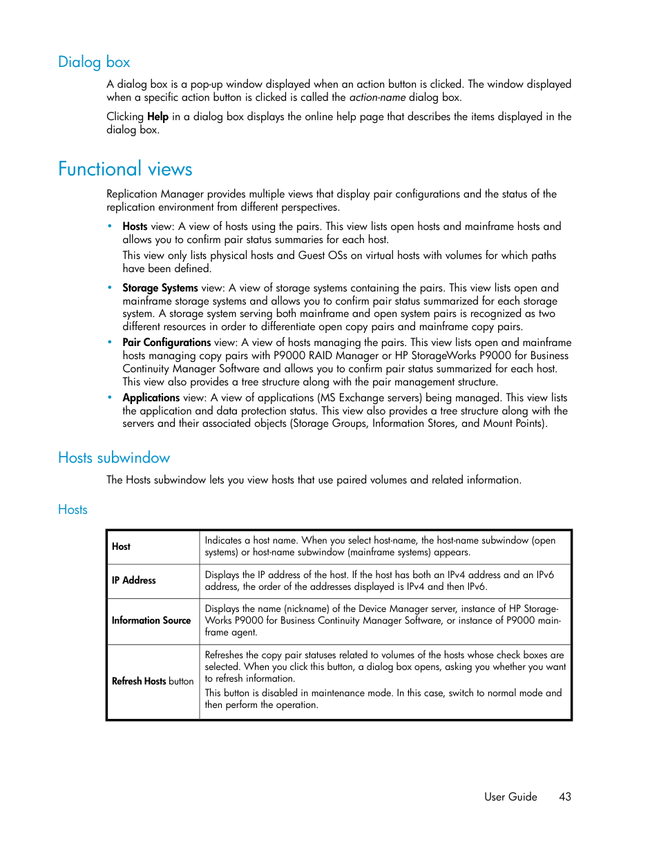 Dialog box, Functional views, Hosts subwindow | HP XP P9000 Command View Advanced Edition Software User Manual | Page 43 / 492