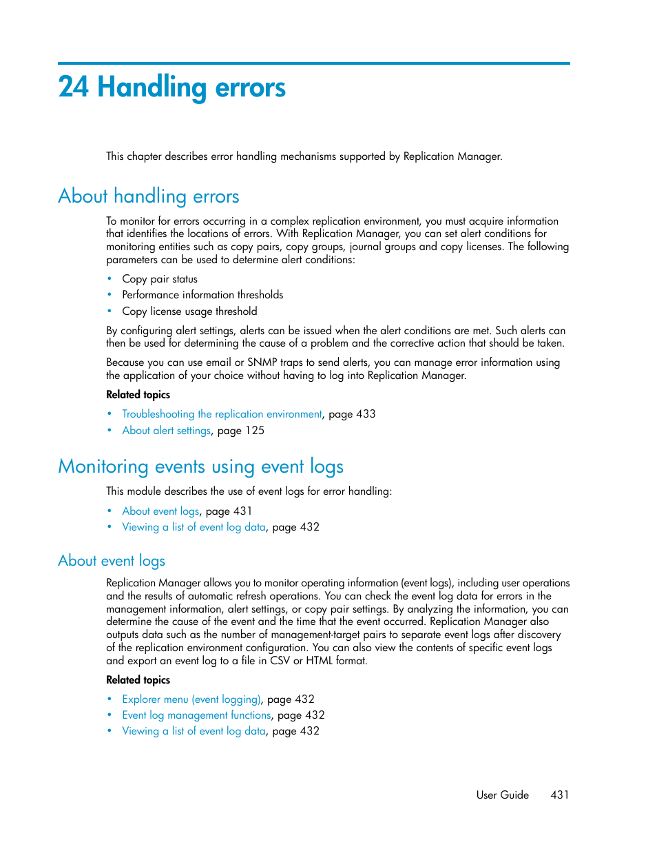 24 handling errors, About handling errors, Monitoring events using event logs | About event logs, 431 monitoring events using event logs | HP XP P9000 Command View Advanced Edition Software User Manual | Page 431 / 492