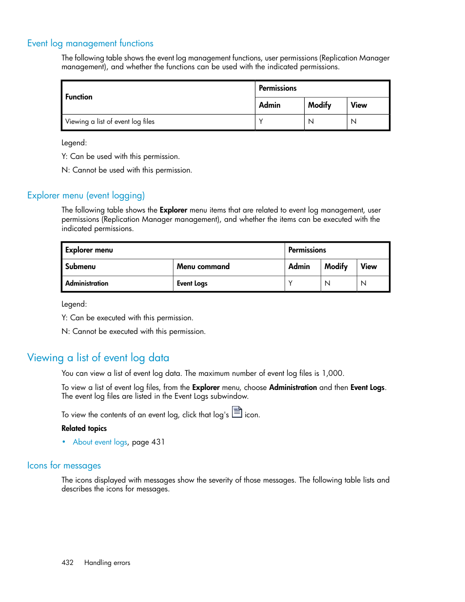 Event log management functions, Explorer menu (event logging), Viewing a list of event log data | Icons for messages, 432 explorer menu (event logging) | HP XP P9000 Command View Advanced Edition Software User Manual | Page 432 / 492