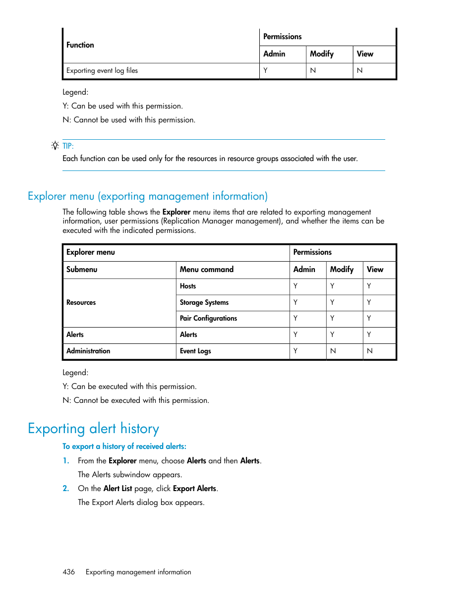Explorer menu (exporting management information), Exporting alert history | HP XP P9000 Command View Advanced Edition Software User Manual | Page 436 / 492