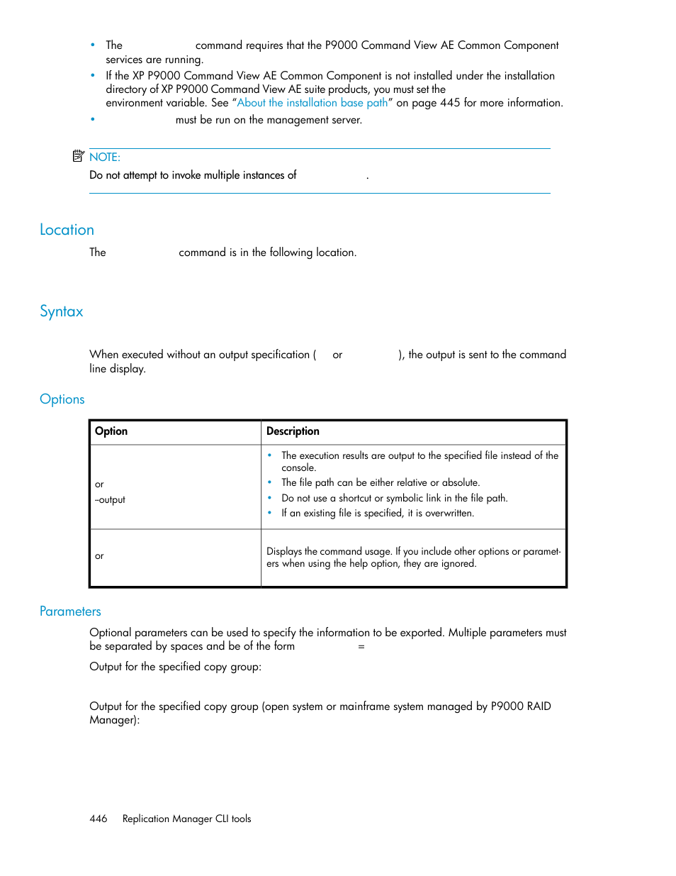 Location, Syntax, 446 syntax | HP XP P9000 Command View Advanced Edition Software User Manual | Page 446 / 492