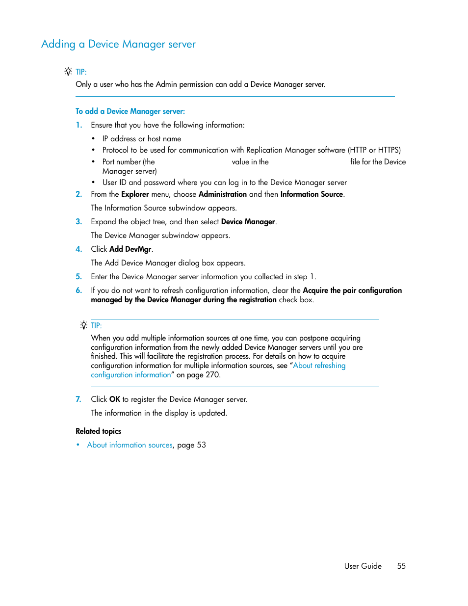 Adding a device manager server | HP XP P9000 Command View Advanced Edition Software User Manual | Page 55 / 492