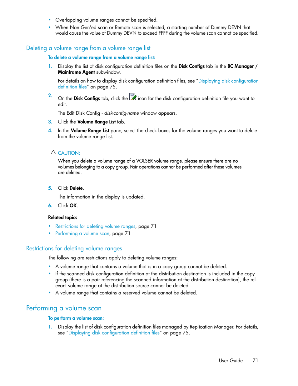 Deleting a volume range from a volume range list, Restrictions for deleting volume ranges, Performing a volume scan | 71 restrictions for deleting volume ranges | HP XP P9000 Command View Advanced Edition Software User Manual | Page 71 / 492